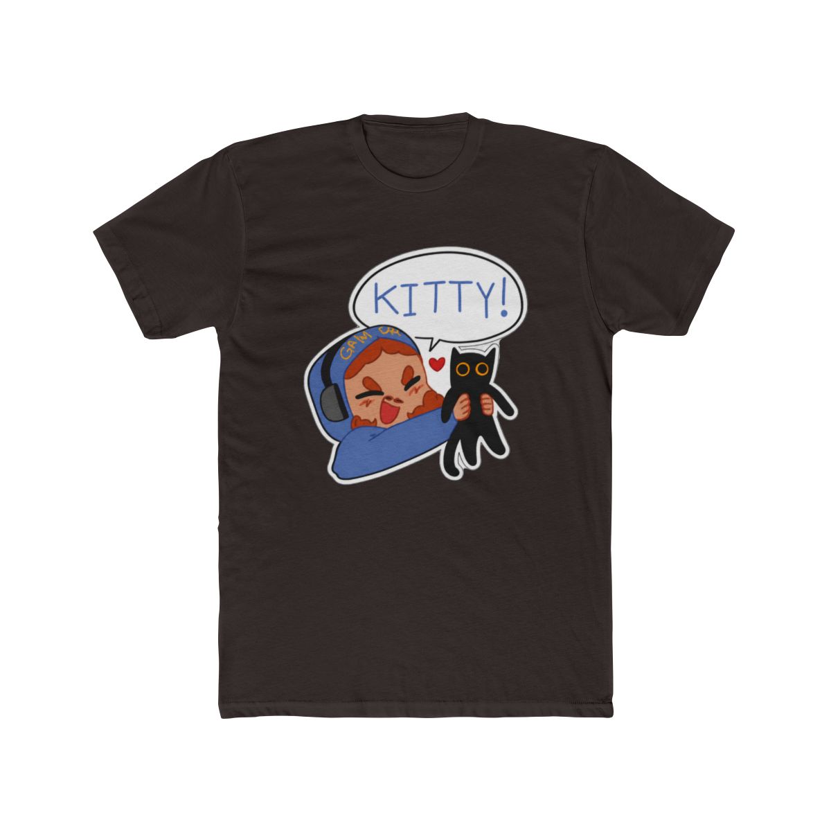 Black T Shirt featuring a cartoon illustration of a person wearing headphones and holding a black cat. A speech bubble above the person says "KITTY!". The text "STYLE #1" is at the bottom of the shirt - alternate angle 5, merchandise