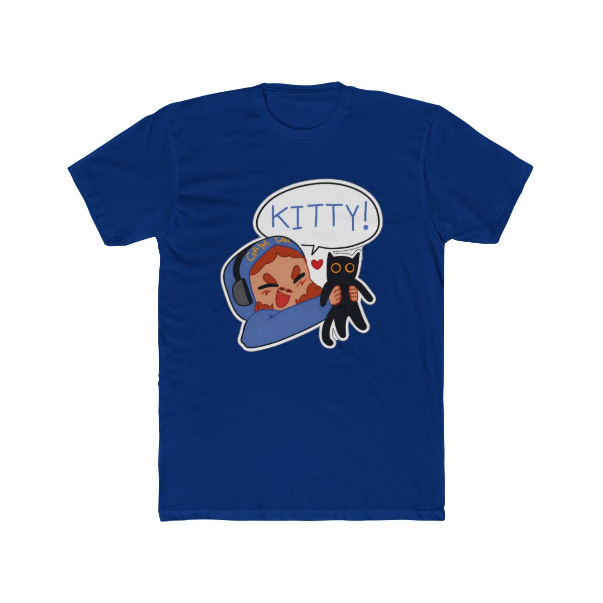 Black T Shirt featuring a cartoon illustration of a person wearing headphones and holding a black cat. A speech bubble above the person says "KITTY!". The text "STYLE #1" is at the bottom of the shirt