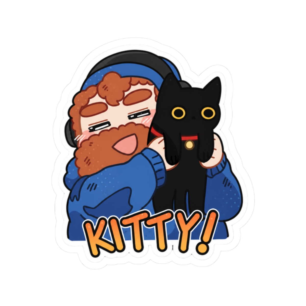A sticker featuring a cartoon illustration of a person with a red beard and a blue jacket, holding a black cat. The cat has yellow eyes and a red collar. The word "KITTY!" is written in orange letters - alternate angle 3, merchandise