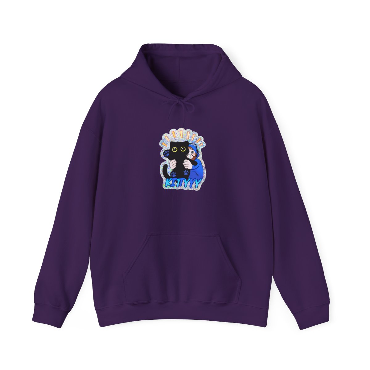 A holographic featuring a black cat being hugged by a person in a blue hoodie. The cat has yellow eyes and blue paw prints. The word "KITTYYY" is written in blue at the bottom - alternate angle 3, merchandise