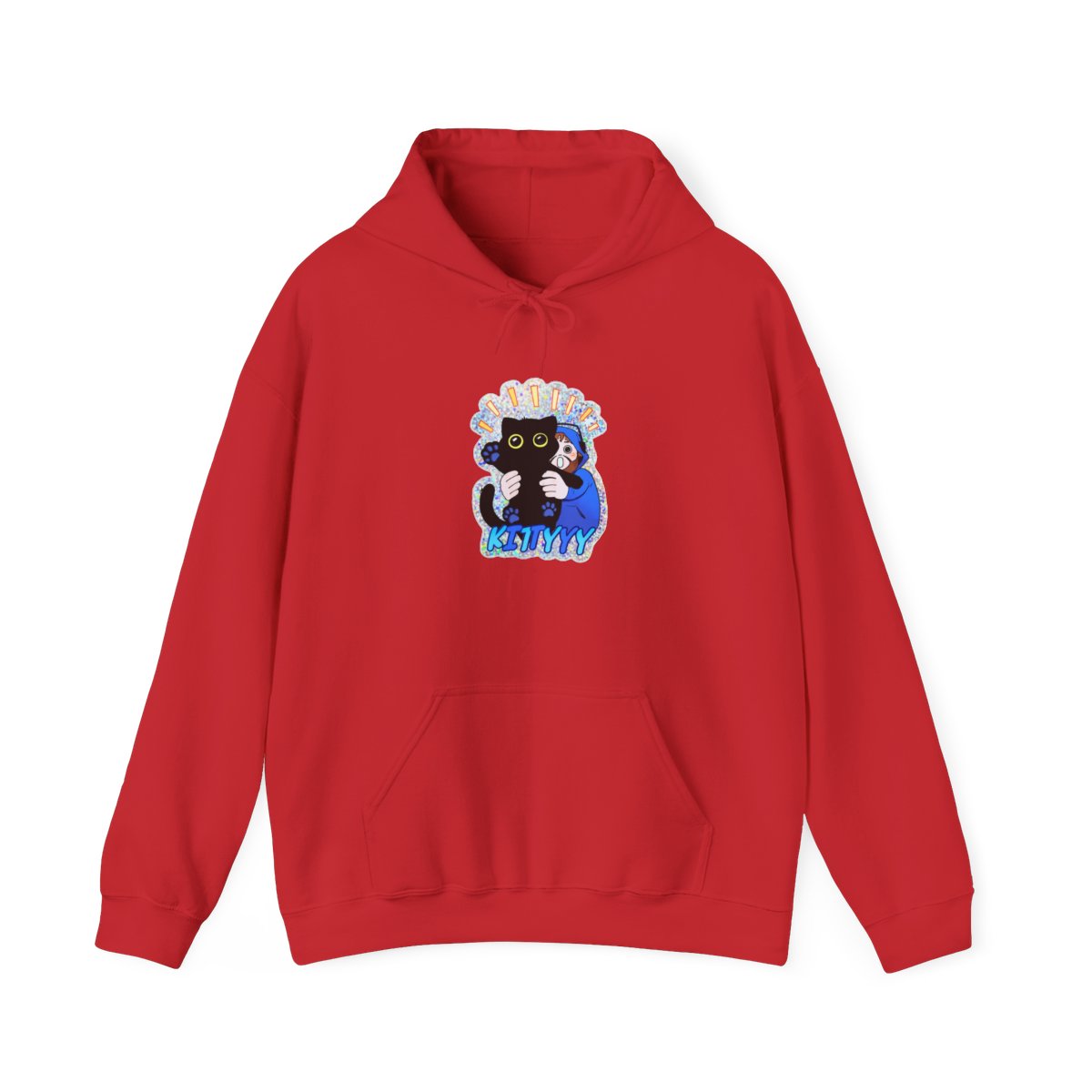 A holographic featuring a black cat being hugged by a person in a blue hoodie. The cat has yellow eyes and blue paw prints. The word "KITTYYY" is written in blue at the bottom