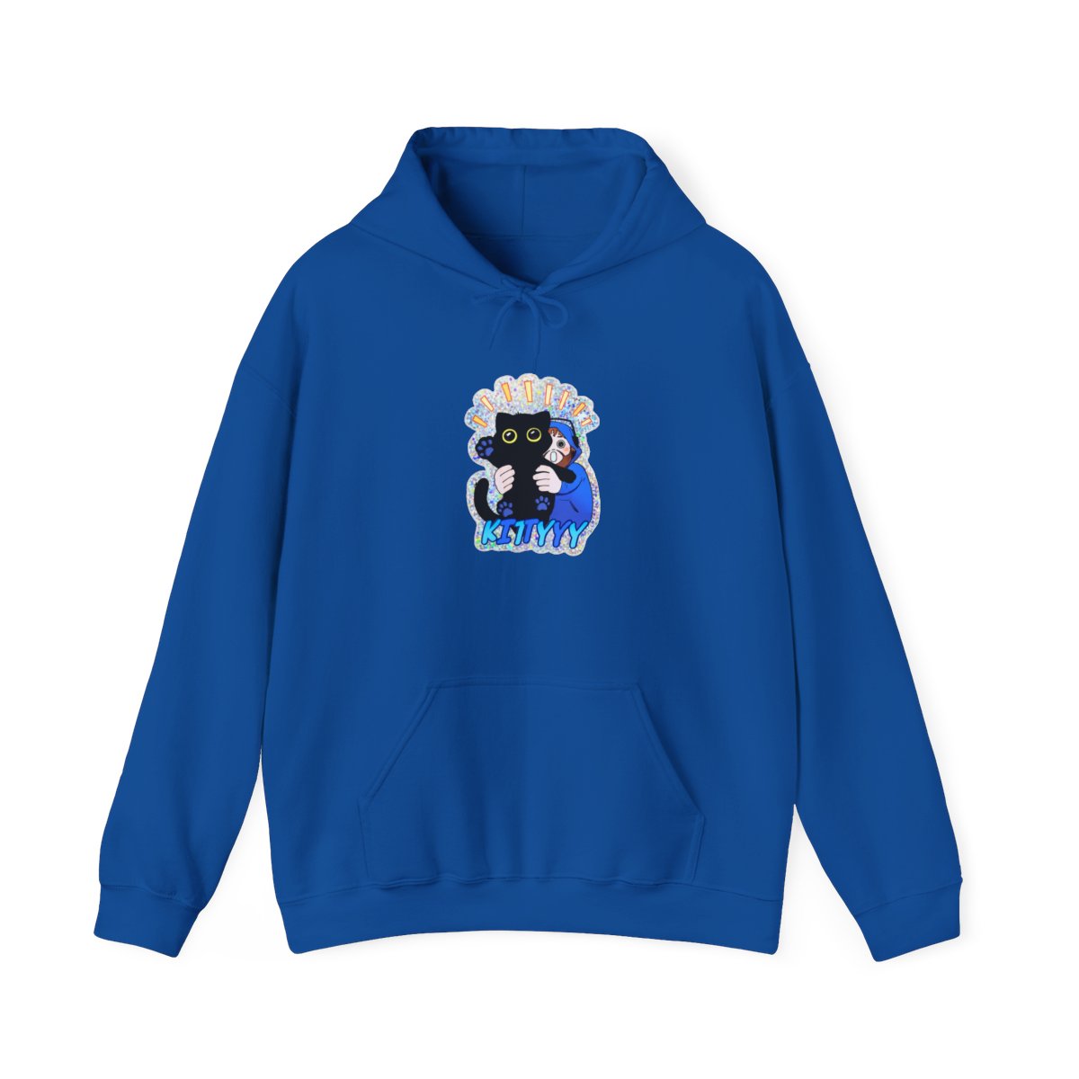 A holographic featuring a black cat being hugged by a person in a blue hoodie. The cat has yellow eyes and blue paw prints. The word "KITTYYY" is written in blue at the bottom - alternate angle 2, merchandise
