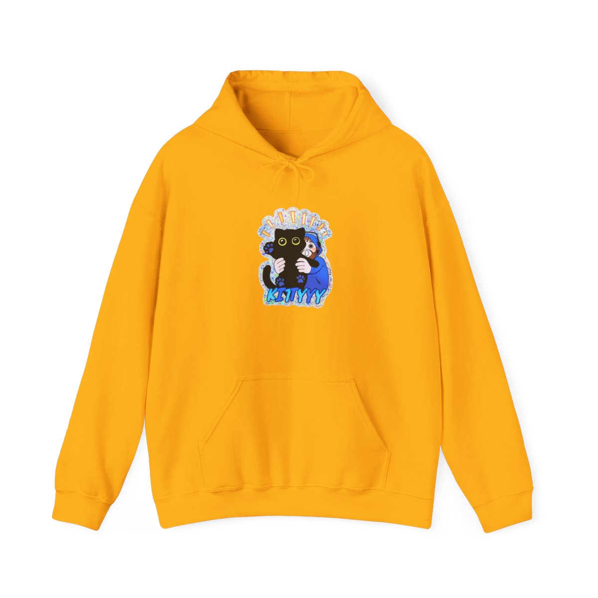 A holographic featuring a black cat being hugged by a person in a blue hoodie. The cat has yellow eyes and blue paw prints. The word "KITTYYY" is written in blue at the bottom - alternate angle 5, merchandise
