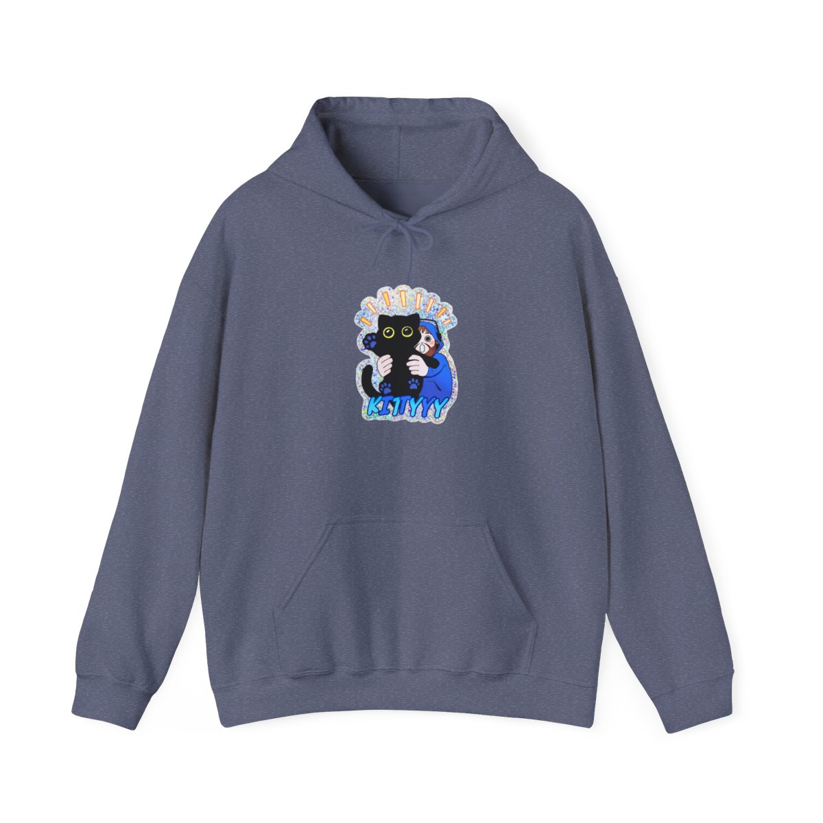A holographic featuring a black cat being hugged by a person in a blue hoodie. The cat has yellow eyes and blue paw prints. The word "KITTYYY" is written in blue at the bottom - alternate angle 4, merchandise