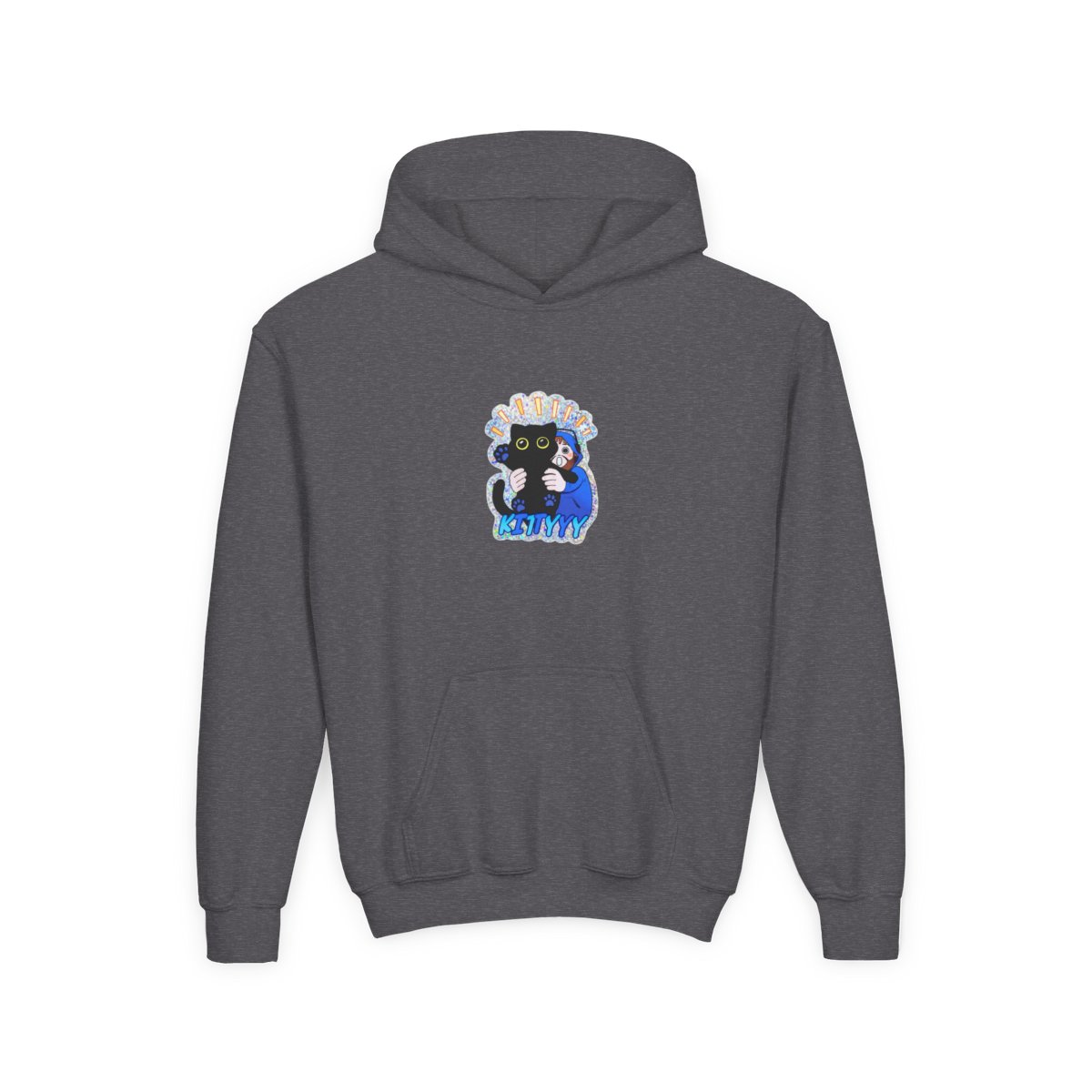 A holographic featuring a black cat being hugged by a person in a blue hoodie. The cat has yellow eyes and blue paw prints. The word "KITTYYY" is written in blue at the bottom (Kids) - alternate angle 4, merchandise