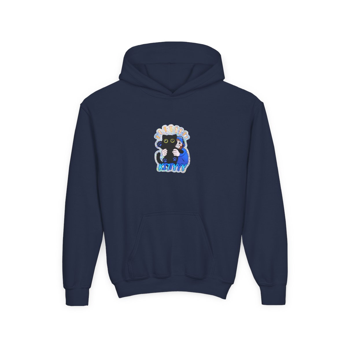 A holographic featuring a black cat being hugged by a person in a blue hoodie. The cat has yellow eyes and blue paw prints. The word "KITTYYY" is written in blue at the bottom (Kids)