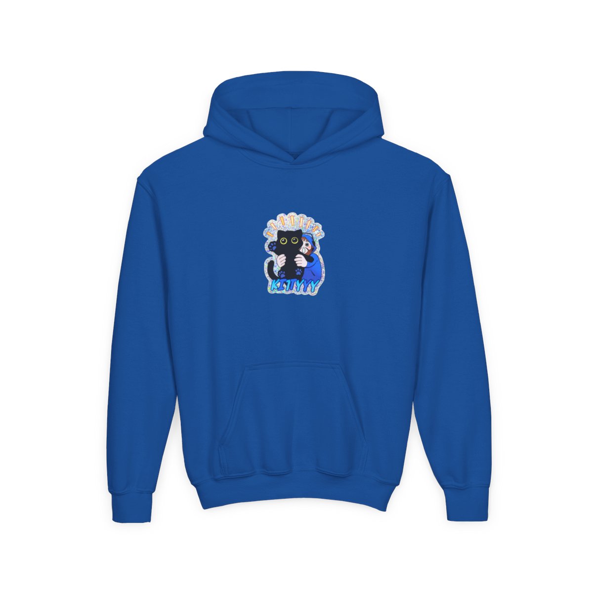 A holographic featuring a black cat being hugged by a person in a blue hoodie. The cat has yellow eyes and blue paw prints. The word "KITTYYY" is written in blue at the bottom (Kids) - alternate angle 5, merchandise
