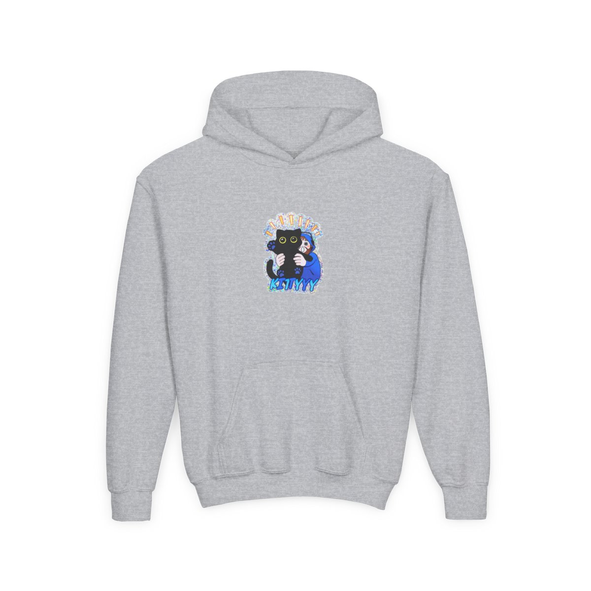 A holographic featuring a black cat being hugged by a person in a blue hoodie. The cat has yellow eyes and blue paw prints. The word "KITTYYY" is written in blue at the bottom (Kids) - alternate angle 2, merchandise