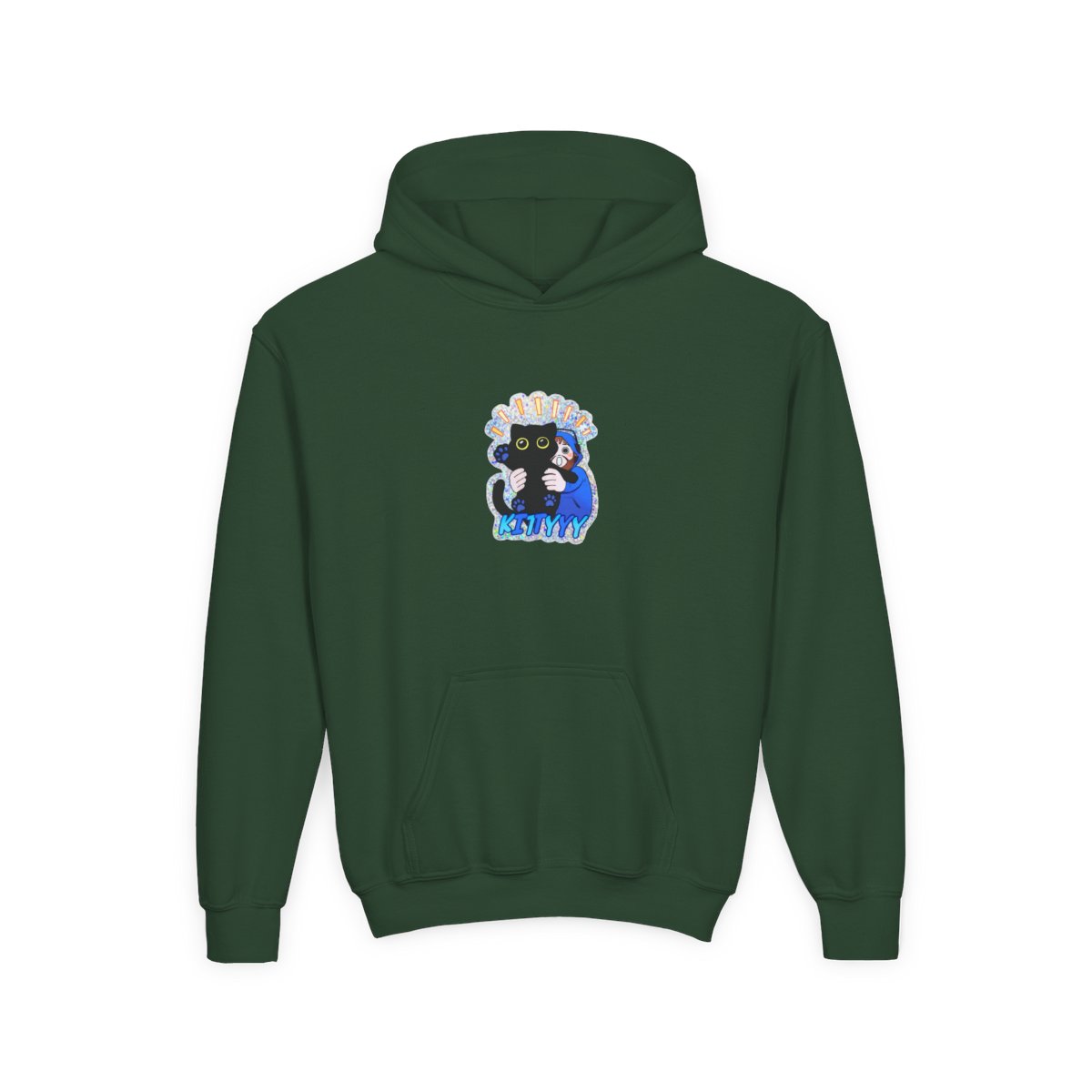 A holographic featuring a black cat being hugged by a person in a blue hoodie. The cat has yellow eyes and blue paw prints. The word "KITTYYY" is written in blue at the bottom (Kids) - alternate angle 3, merchandise