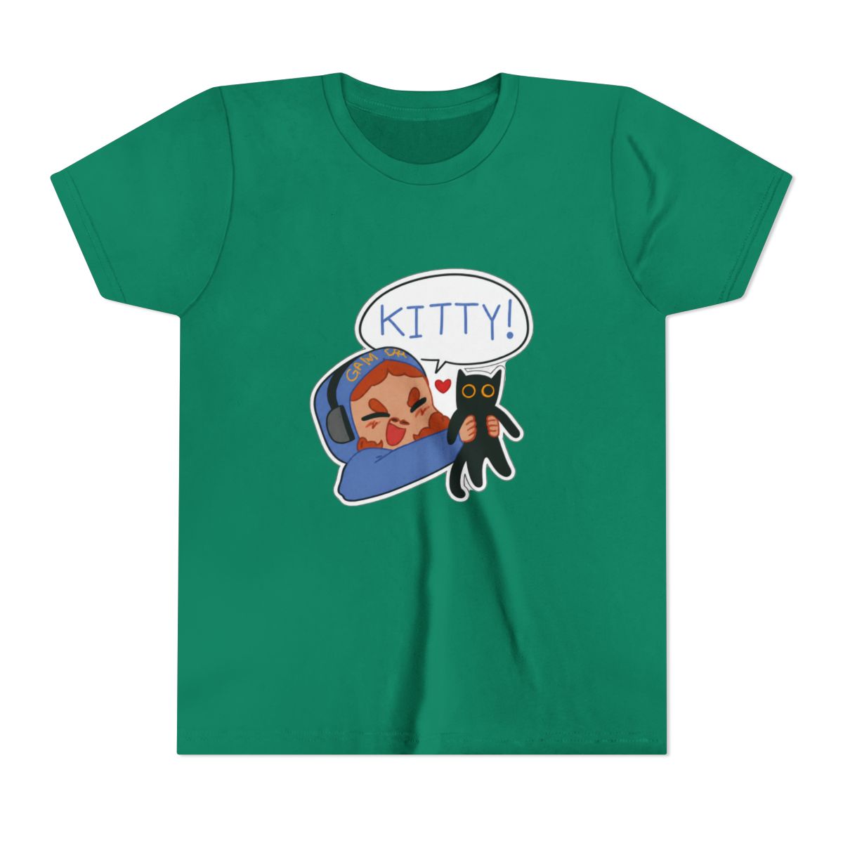 Black T Shirt featuring a cartoon illustration of a person wearing headphones and holding a black cat. A speech bubble above the person says "KITTY!". The text "STYLE #1" is at the bottom of the shirt (Kids) - alternate angle 2, merchandise