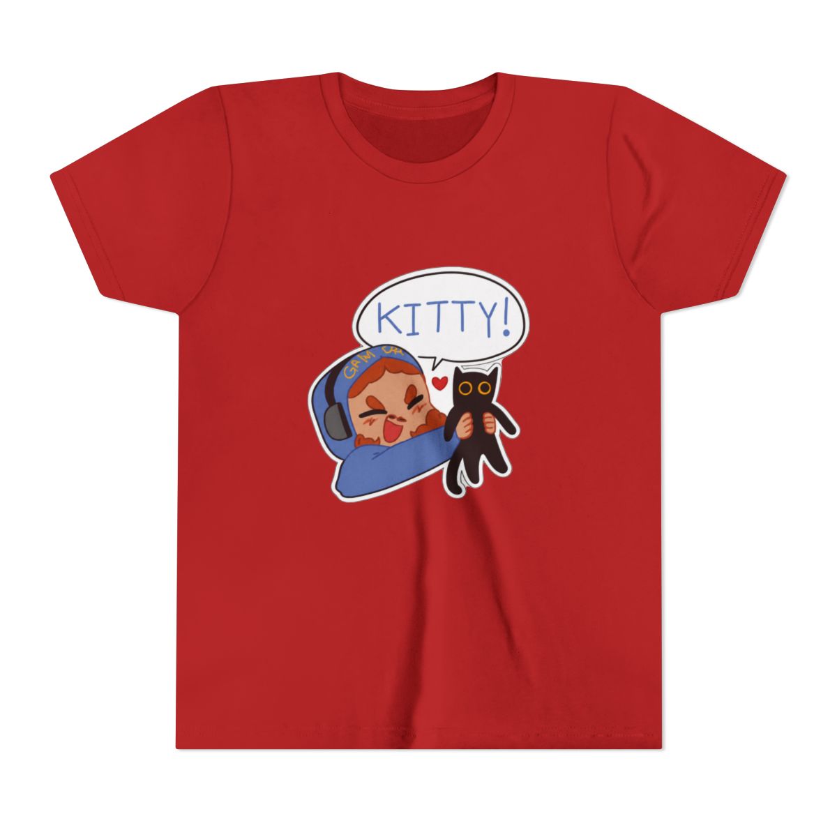 Black T Shirt featuring a cartoon illustration of a person wearing headphones and holding a black cat. A speech bubble above the person says "KITTY!". The text "STYLE #1" is at the bottom of the shirt (Kids)