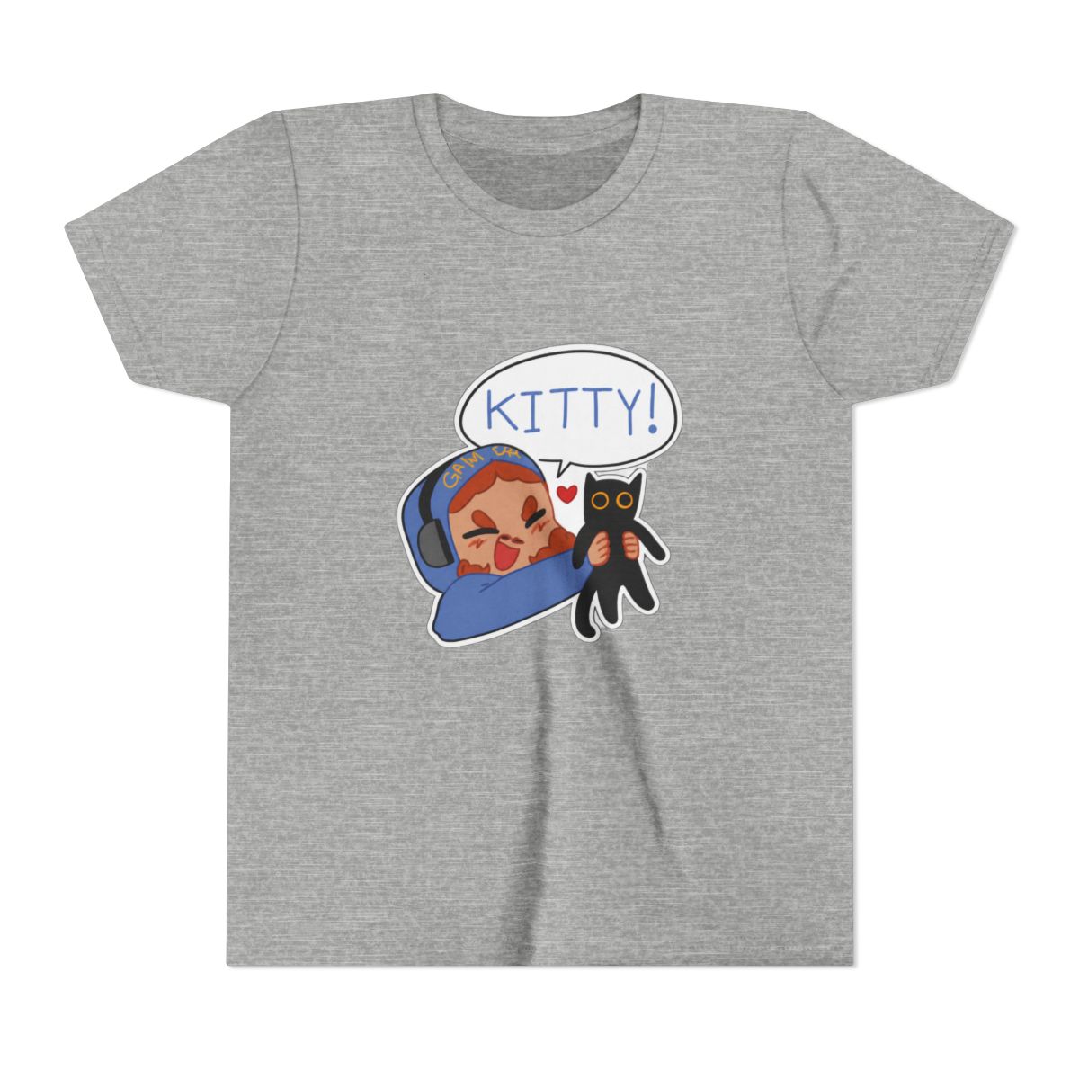 Black T Shirt featuring a cartoon illustration of a person wearing headphones and holding a black cat. A speech bubble above the person says "KITTY!". The text "STYLE #1" is at the bottom of the shirt (Kids) - alternate angle 3, merchandise