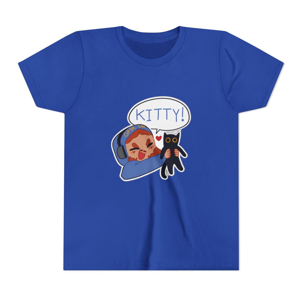 Black T Shirt featuring a cartoon illustration of a person wearing headphones and holding a black cat. A speech bubble above the person says "KITTY!". The text "STYLE #1" is at the bottom of the shirt (Kids) - alternate angle 4, merchandise