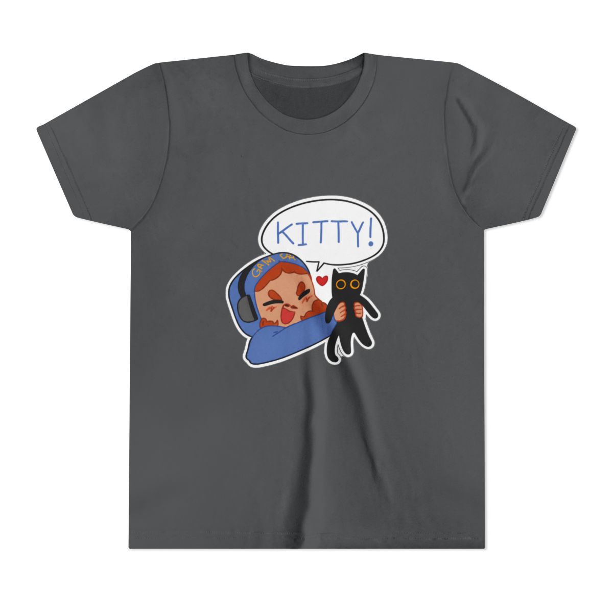 Black T Shirt featuring a cartoon illustration of a person wearing headphones and holding a black cat. A speech bubble above the person says "KITTY!". The text "STYLE #1" is at the bottom of the shirt (Kids) - alternate angle 5, merchandise